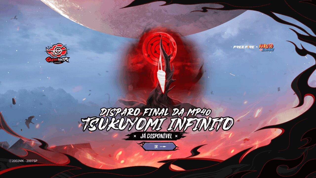 Imagem promocional do novo evento 'Escolha Royale' no Free Fire, destacando itens exclusivos. No centro, vemos a MP40 com o D