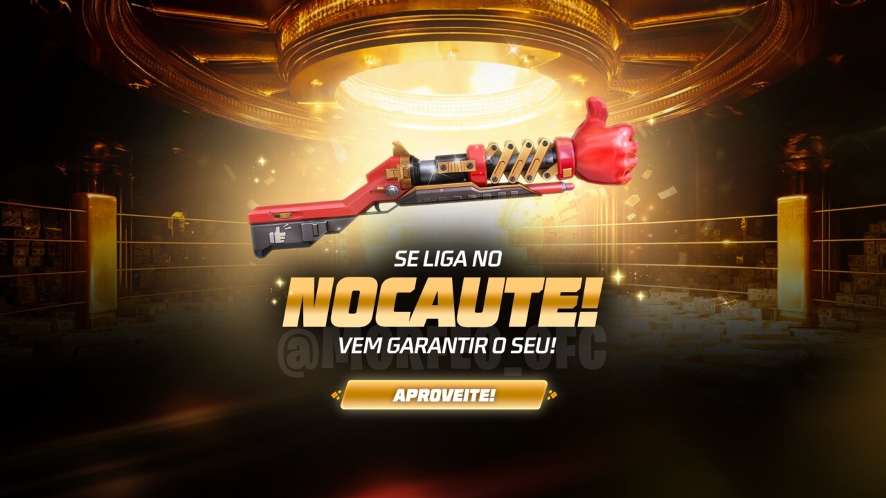 Imagem promocional do evento 'Noite de Nocaute' no Free Fire. Destaca a nova Escolha Royale, onde os jogadores podem obter sk