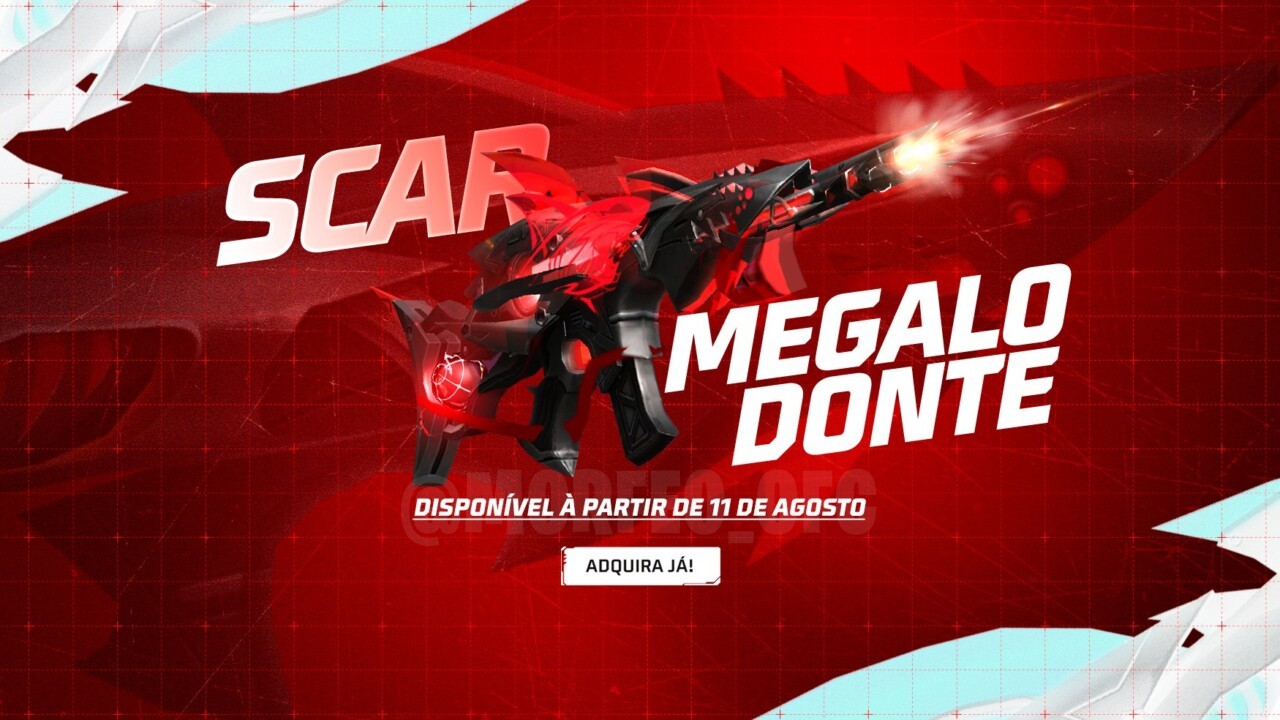 Imagem promocional do evento 'Escolha Royale' no Free Fire, destacando a skin de arma 'Scar Megalodonte'. A skin apresenta um