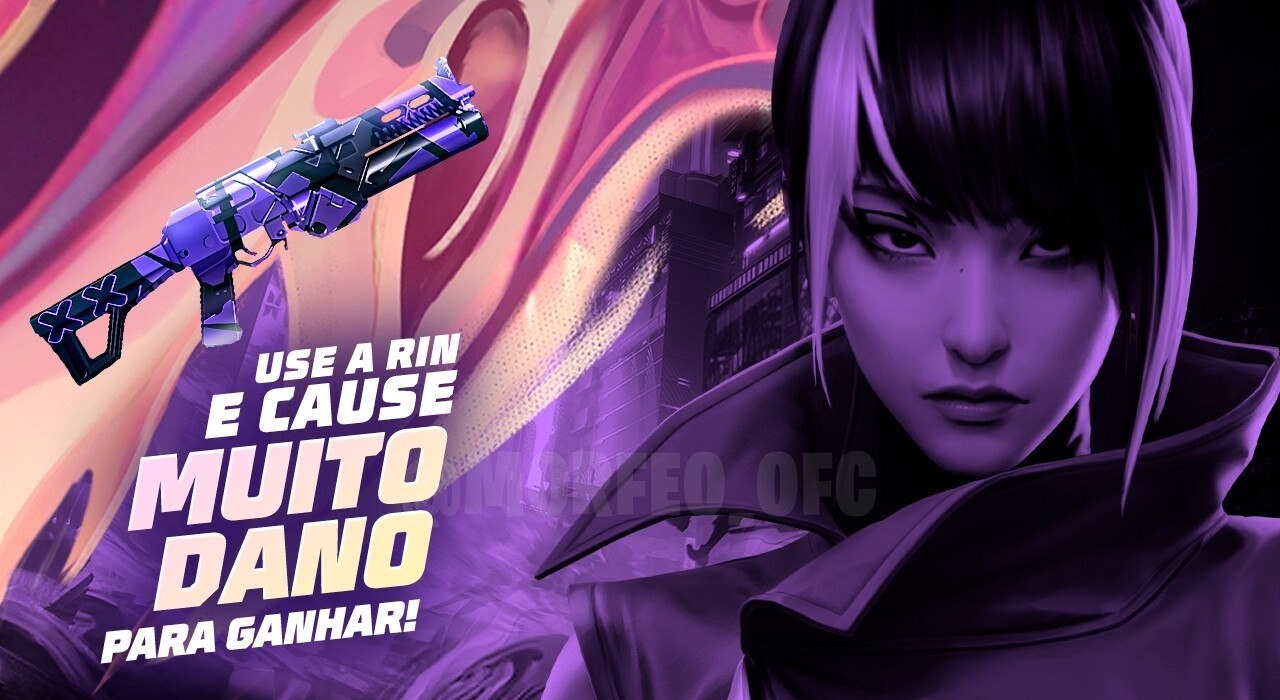 Imagem promocional do evento 'A Sombra Sob a Chama' em Free Fire. Destaca a skin de arma 'Bisão Retalho Trevoso', que possui