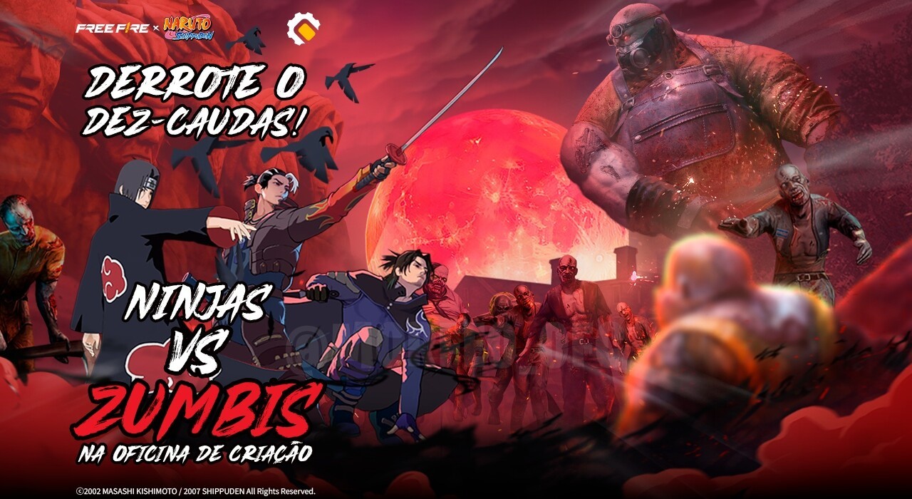 Imagem promocional do novo evento 'Derrote o Dez Caudas' em Free Fire. No centro, vemos um personagem do jogo enfrentando o p