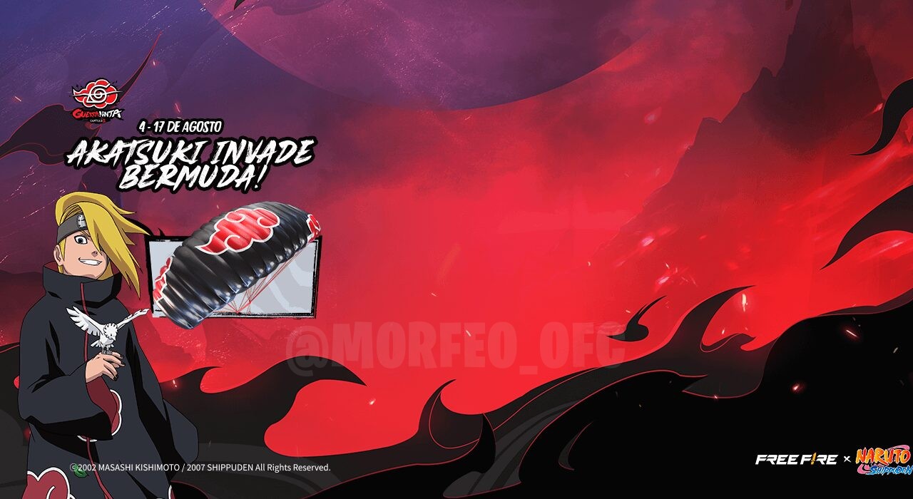 Imagem promocional do evento 'Invasão da Akatsuki' no Free Fire. No centro, destaca-se um paraquedas temático da Akatsuki,