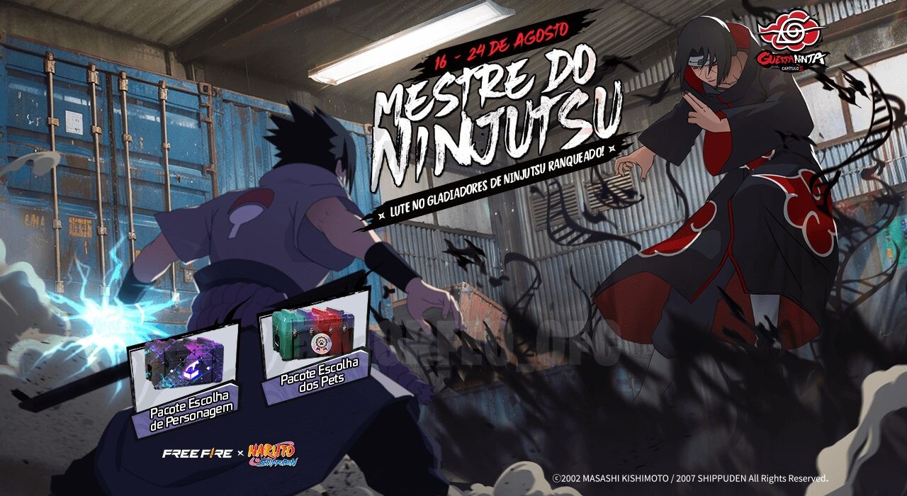 Imagem promocional do evento 'Mestre do Ninjutsu' no Free Fire. No centro, um personagem vestido com roupas de ninja, seguran