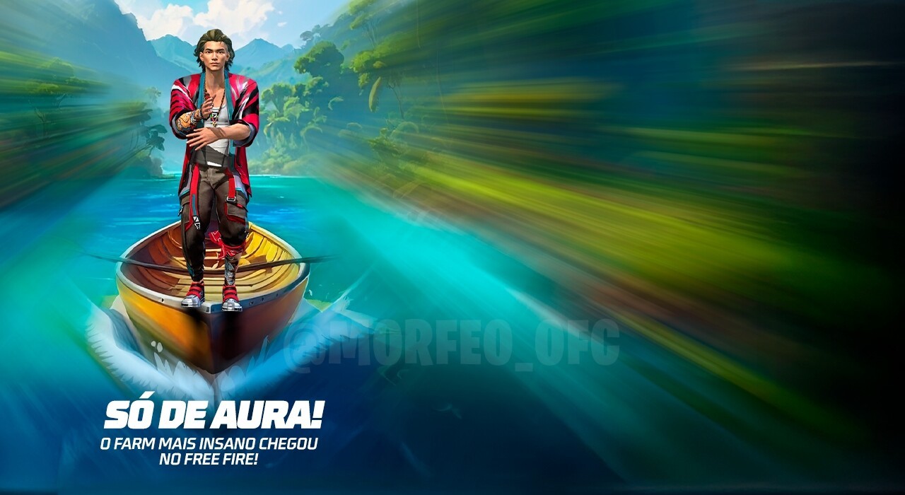 Imagem promocional do novo evento 'Só de Aura' no Free Fire. No centro, destaca-se um personagem com uma aura brilhante ao r