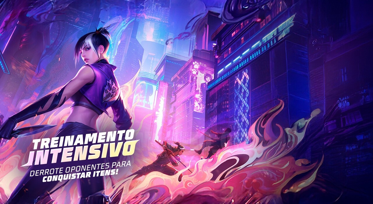 Imagem promocional do evento 'Treinamento Intensivo' no Free Fire, destacando o avatar Rin Kawaii como prêmio. A imagem most