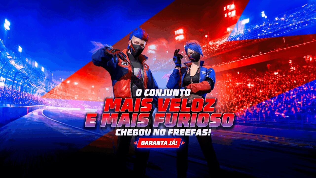Imagem promocional do novo Token Royale no Free Fire, destacando como obter o Conjunto Furioso e Veloz e o Conjunto Fúria Ve