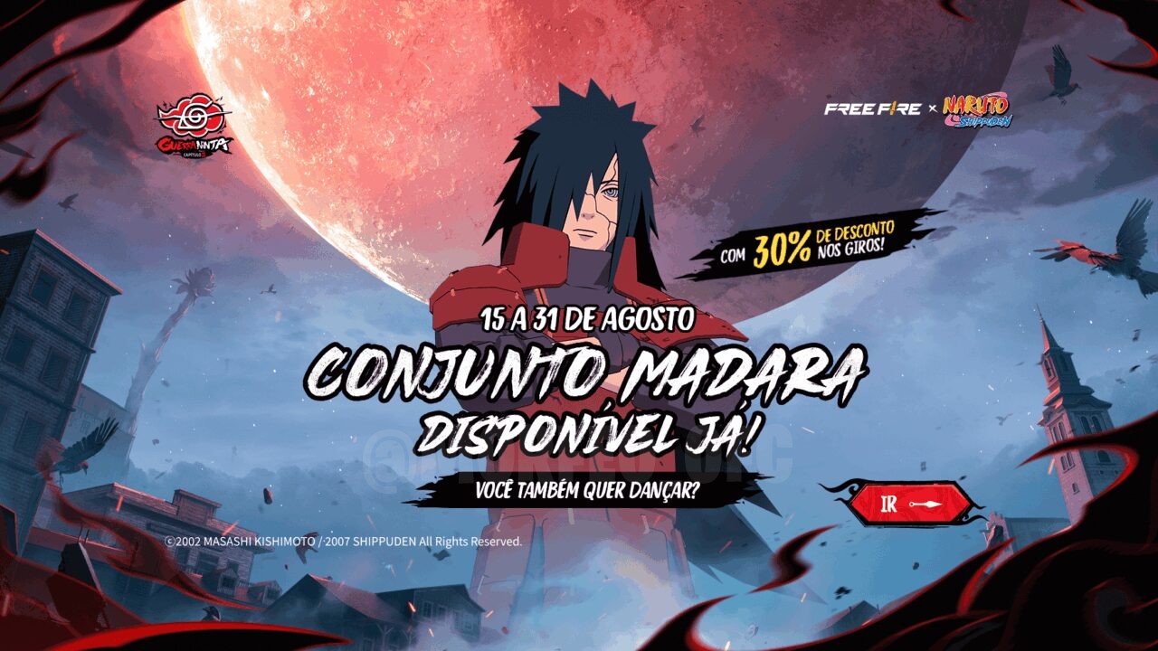 Imagem promocional do novo Token Royale no Free Fire, destacando como obter o conjunto Madara e o pacote de armas Akatsuki M6
