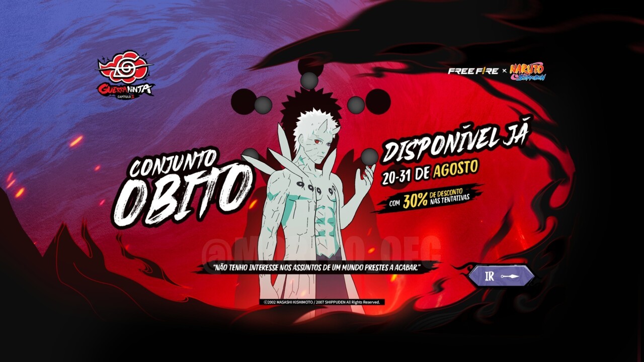 Imagem promocional do novo Token Royale no Free Fire, destacando a skin da arma M60 Akatsuki, inspirada na popular série Nar