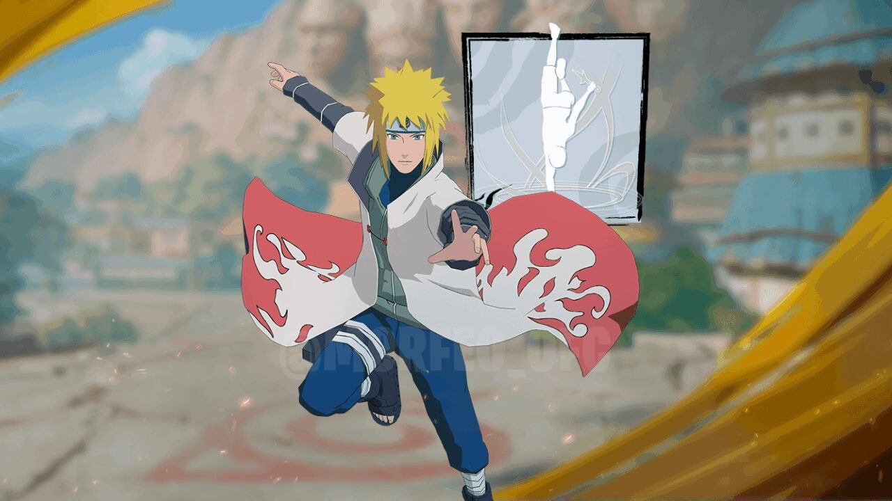 A imagem mostra a nova loja misteriosa de Free Fire, destacando o conjunto de Minato. O personagem está em destaque com um v