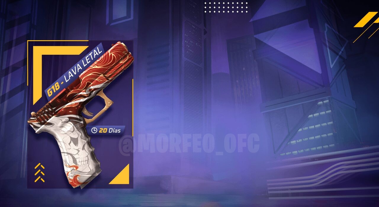 Imagem promocional do evento 'Armamento de Assalto' em Free Fire, destacando a skin da arma G18 Lava Letal. A skin apresenta