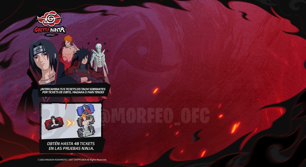 Imagem promocional do evento de troca de tickets no Free Fire. No centro, destacam-se os personagens Itachi e Obito, ambos de
