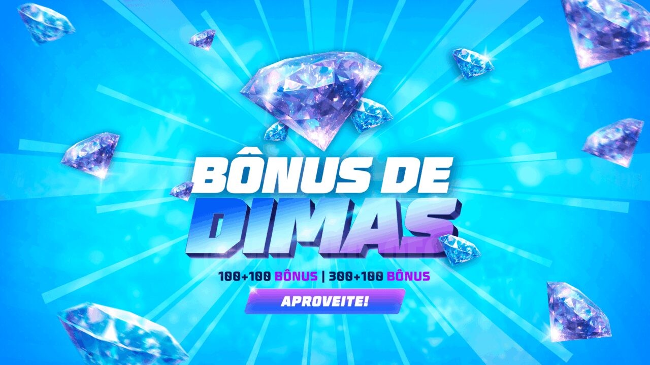 Imagem promocional de Free Fire destacando uma recarga de diamantes. No centro, há um ícone de diamante brilhante, simboliz