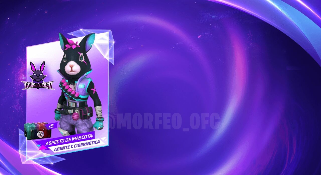 Imagem promocional do evento 'Coelho Letal' no Free Fire, destacando a nova skin de pet 'Cyber Agent Hop'. O coelho aparece c
