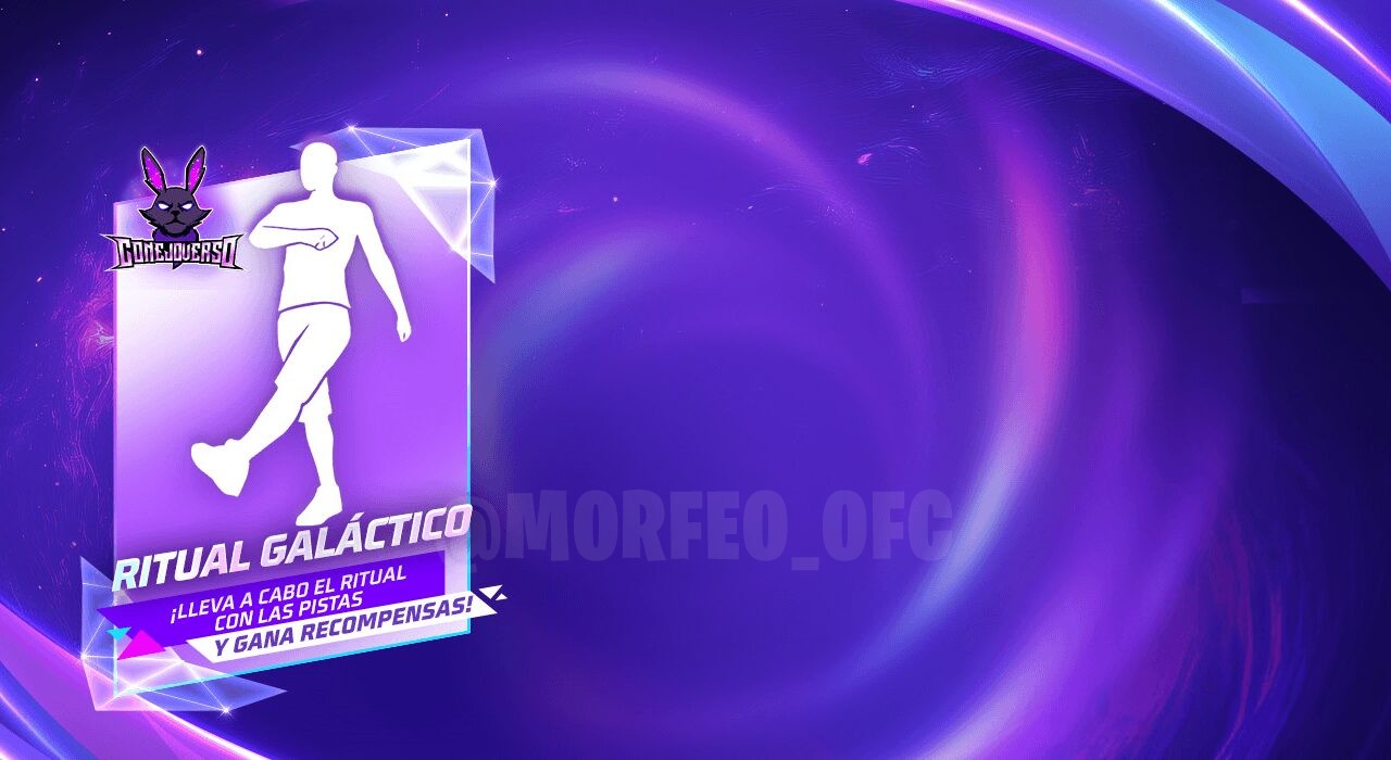 Imagem promocional do evento 'Guia del Ritual' no Free Fire. No centro, vemos um personagem do jogo realizando o emote 'Aplau