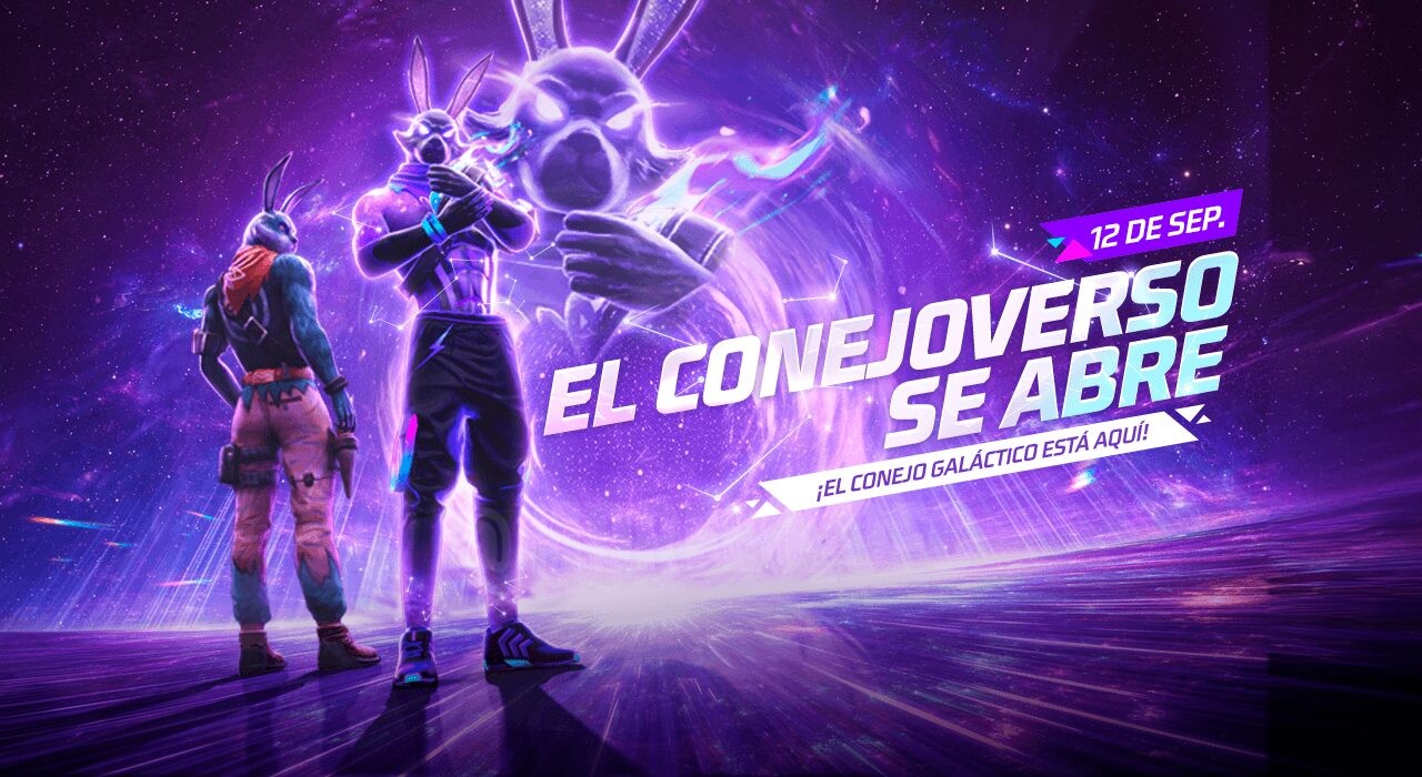 Imagem promocional do evento 'Início de Sessão Coelho' em Free Fire. No centro, um coelho estilizado com roupas temáticas