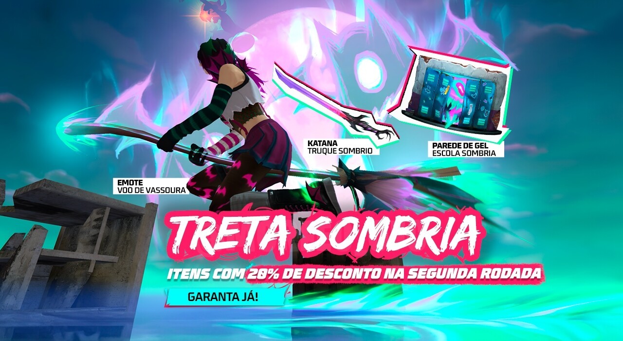 Imagem promocional do evento 'Novo Arco do Destino' no Free Fire. Destaca o novo arco temático, o emote 'Voo de Vassoura', e