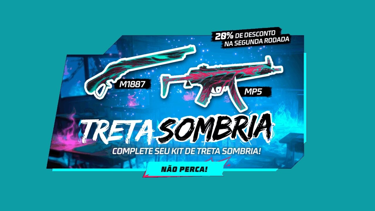 Imagem promocional do evento 'Arco do Destino' no Free Fire, destacando as novas skins de armas disponíveis. No centro, vemo