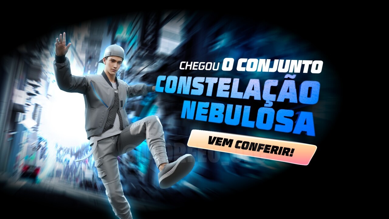 Imagem promocional do novo Escolha Royale no Free Fire, destacando o Conjunto Constelação Nebulosa e a Mochila Denim Robót