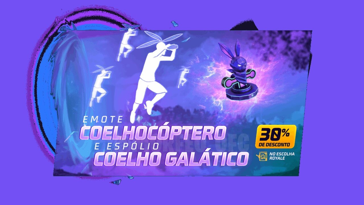 Imagem promocional do novo Escolha Royale no Free Fire, destacando como obter o emote Coelhocoptero e a caixa de loot Espóli