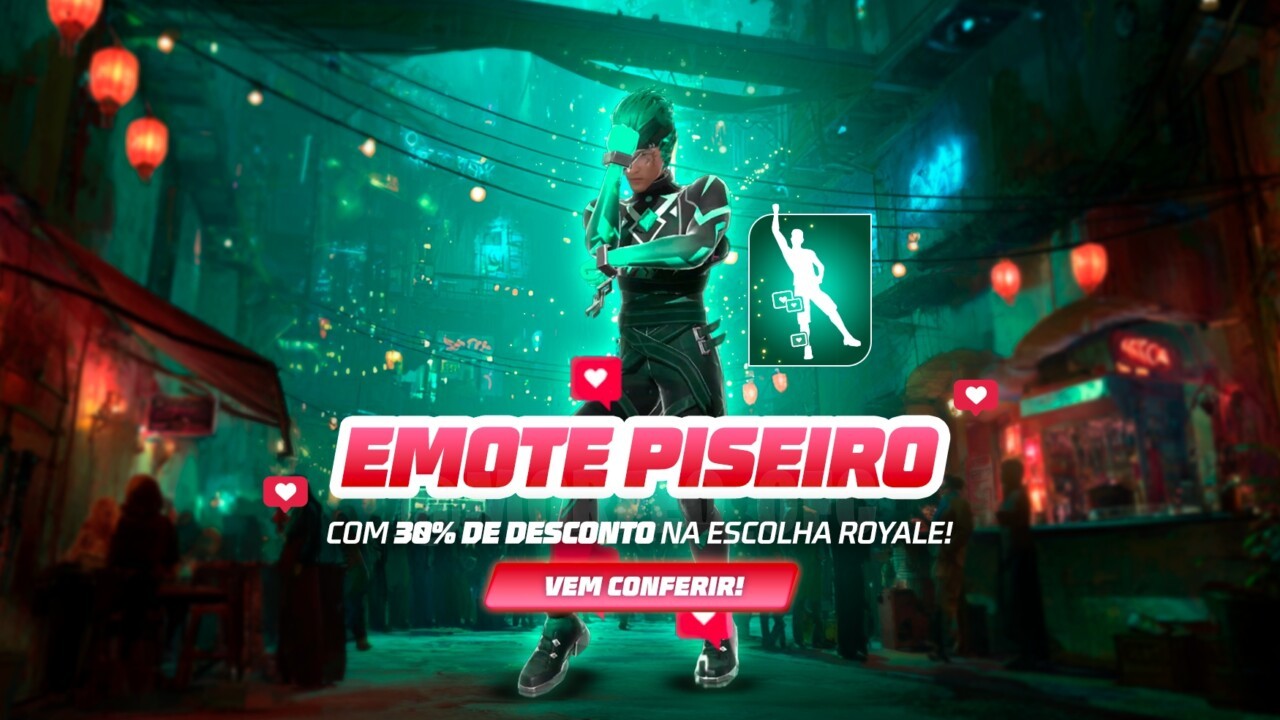 Imagem do evento 'Escolha Royale' no Free Fire, destacando como obter o emote 'Piseiro' e itens na moda praiana. A imagem mos