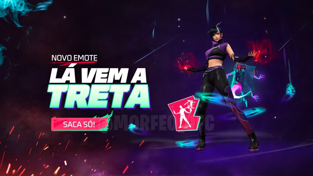 Imagem promocional do novo Escolha Royale no Free Fire. No centro, destacam-se a skin de arma 'Lá Vem a Treta' e a mochila '