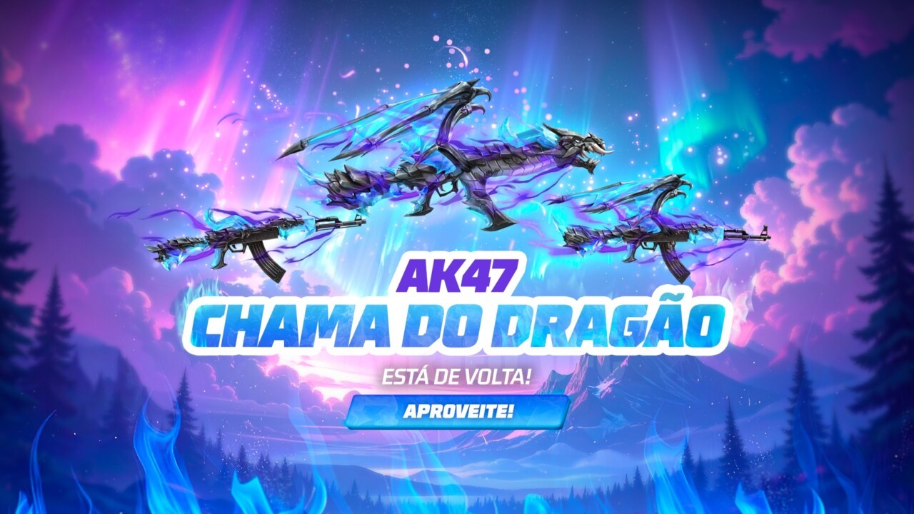 Imagem promocional do novo evento 'Escolha Royale' no Free Fire. Destaca a skin de arma AK47 Chama do Dragão, com detalhes e