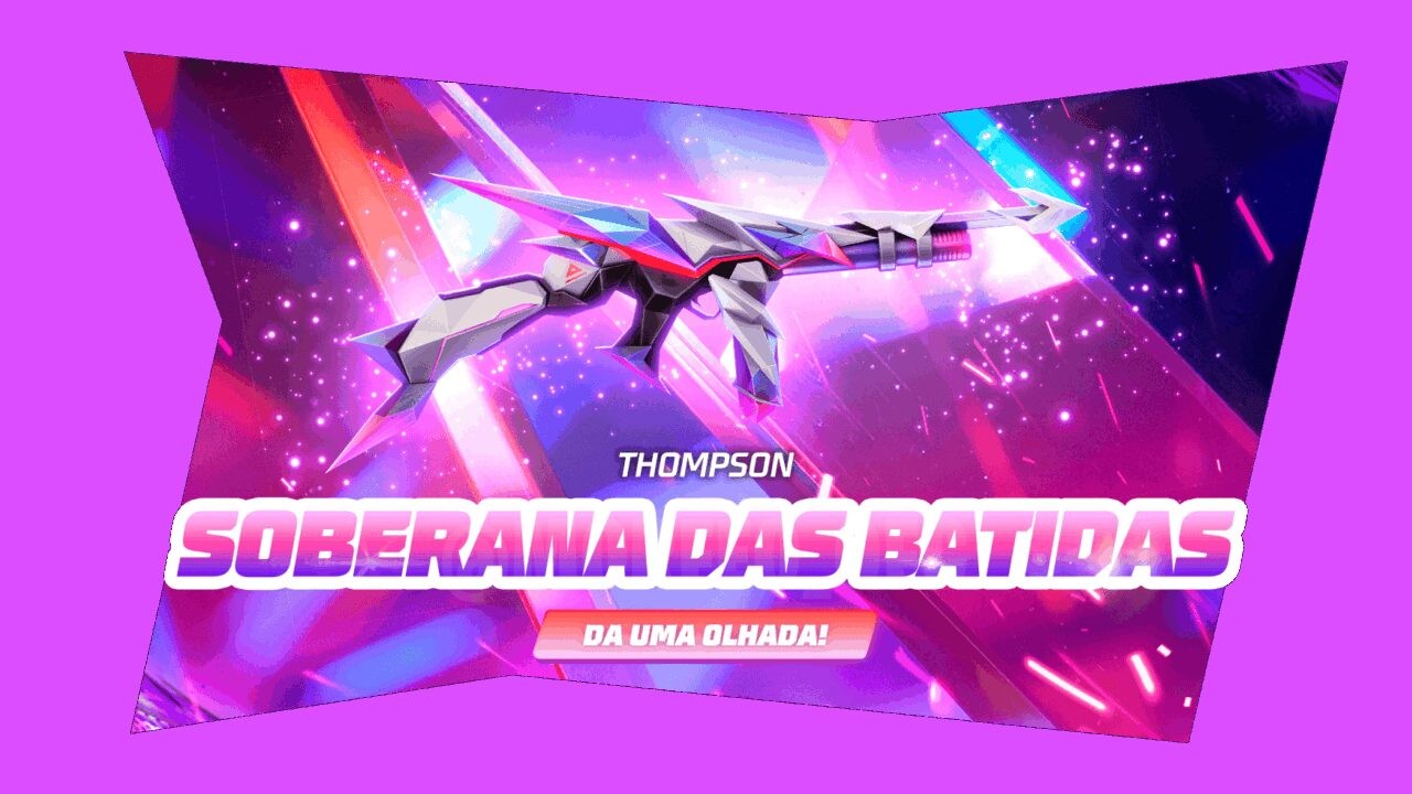 A imagem apresenta uma interface do evento 'Escolha Royale' no Free Fire, destacando a obtenção de skins exclusivas. À esq