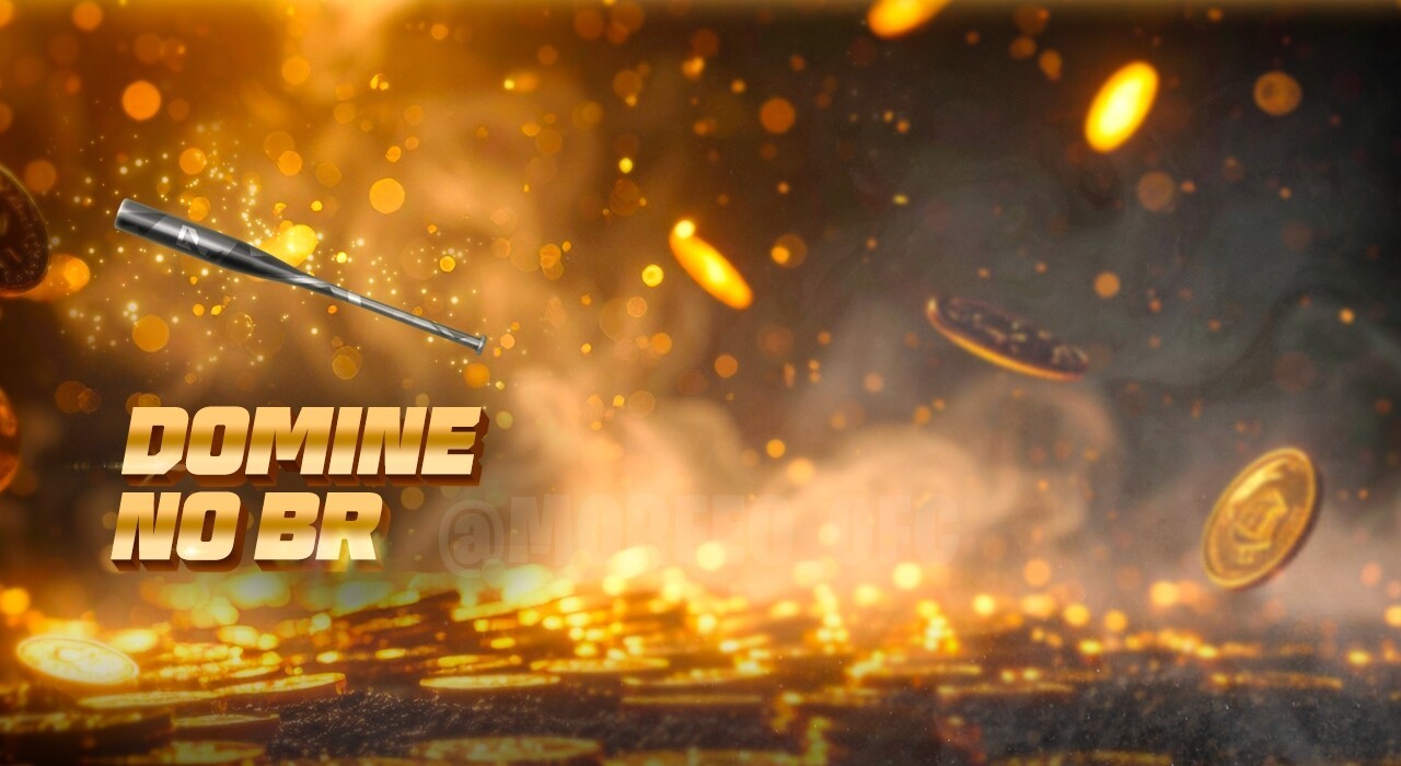 Imagem promocional do novo evento 'Domine no BR' no Free Fire. Destaca um personagem segurando um bastão com a skin 'Golpe d