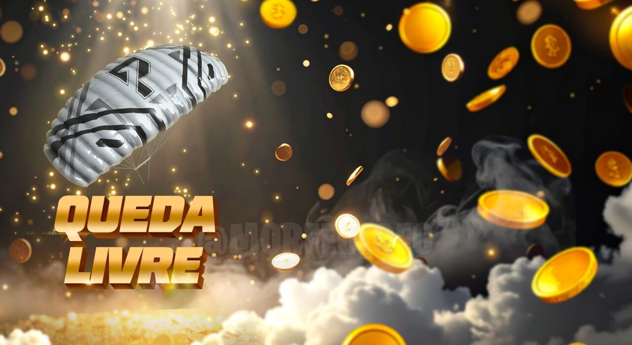 Imagem promocional do novo evento 'Queda Livre' no Free Fire. No centro, um personagem está em pleno voo com um paraquedas e