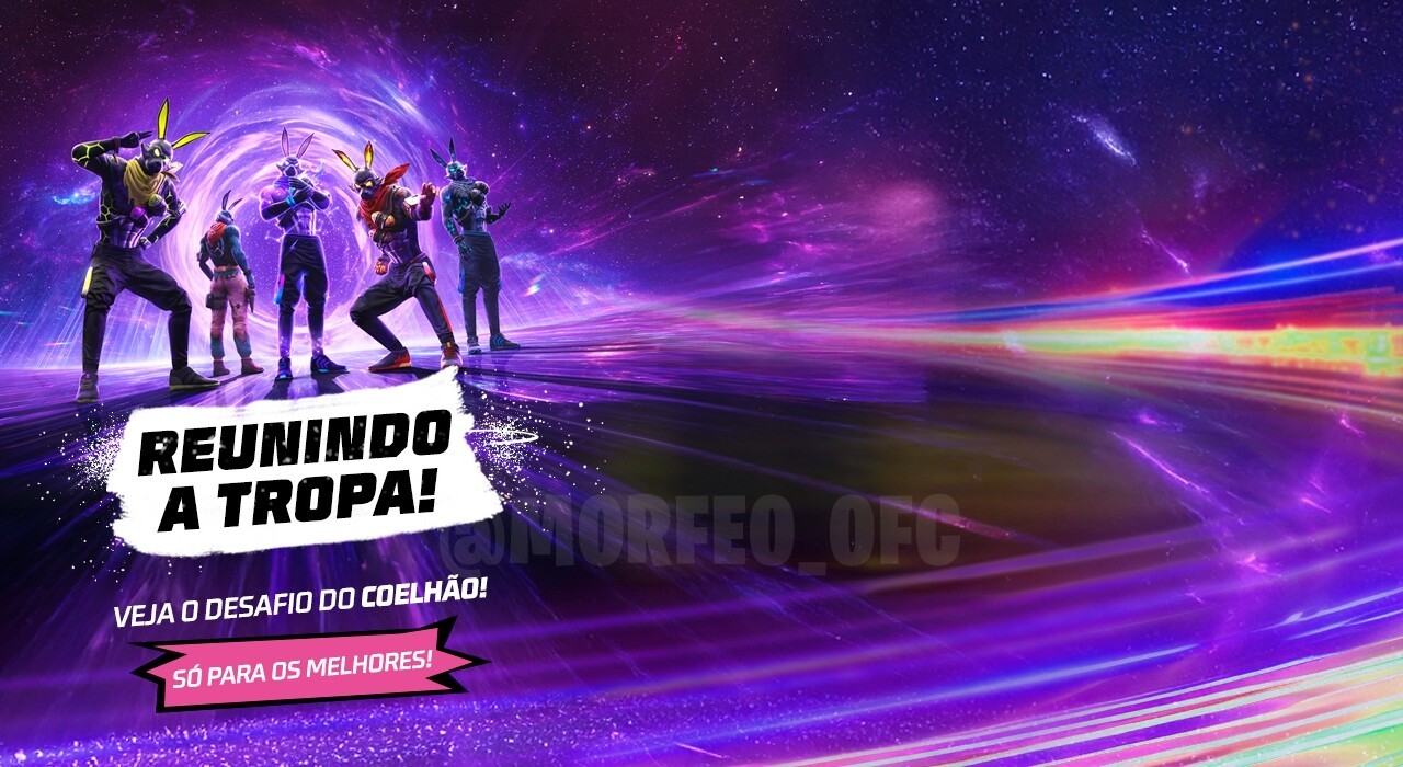Imagem promocional do evento 'Reunindo a Tropa' em Free Fire. No centro, há um personagem estilizado em pose de combate, cer