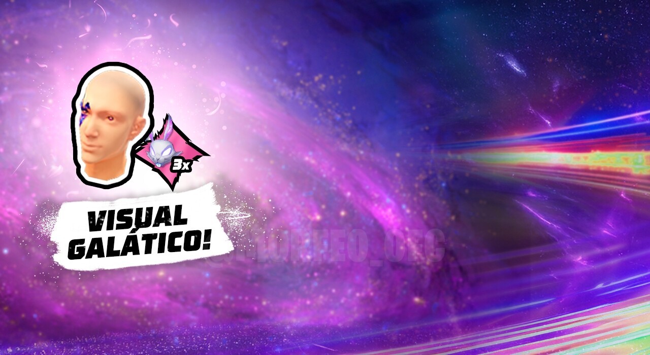 Imagem promocional do novo evento 'Visual Galático' no Free Fire. No centro, vemos um personagem com uma skin brilhante e fu