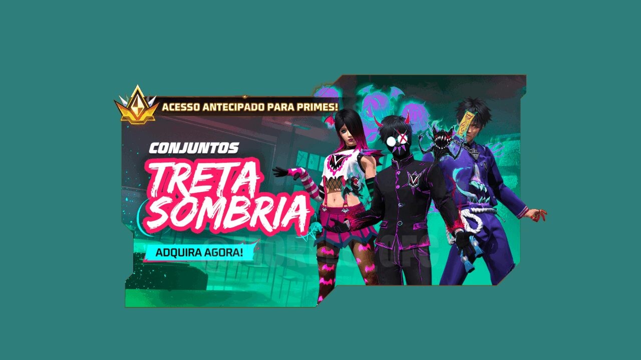 Imagem promocional do novo Token Royale no Free Fire, destacando como obter o Conjunto Espírito Sombrio e o Conjunto Criatur