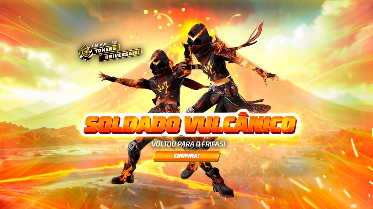 Imagem promocional do novo Token Royale no Free Fire, destacando como conseguir os conjuntos Soldado Vulcânico e Soldado Som