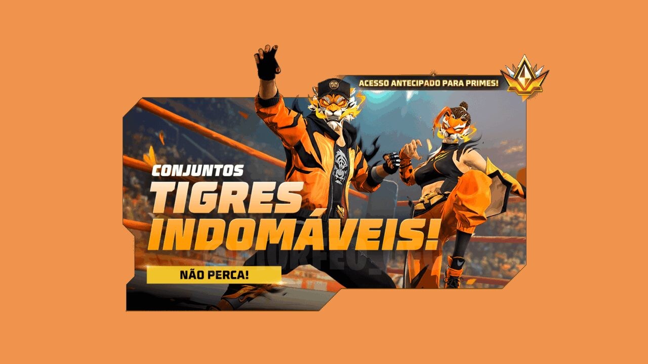 Imagem promocional do novo Token Royale no Free Fire, destacando o Conjunto Tigre Indomável e o Conjunto Tigresa Indomável.