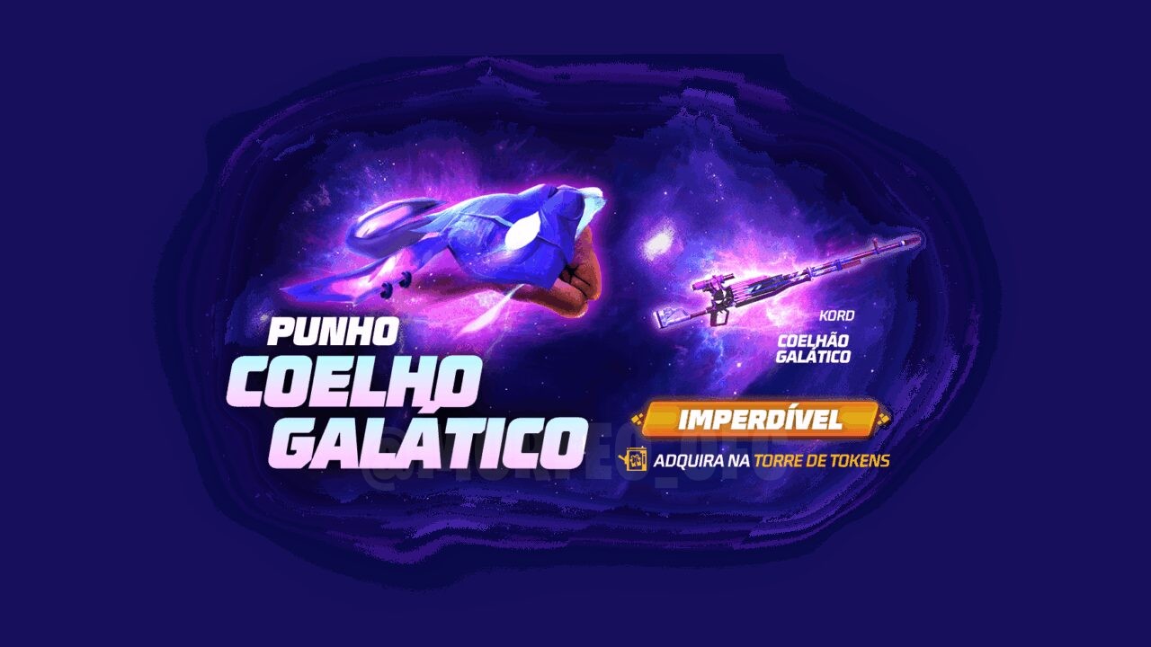 Imagem do novo evento 'Torre de Tokens' no Free Fire. No centro, destaca-se a interface do evento com um design futurista e b