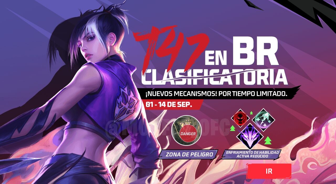 Imagem promocional do evento 'Duelo Frenético' em Free Fire. Destaca um personagem em ação, empunhando uma arma com uma po