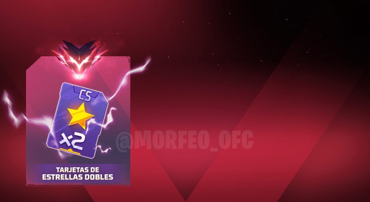 Imagem promocional do evento 'Peak de 2x Estrelas' no Free Fire. No centro, destaca-se um cartão brilhante com o símbolo de