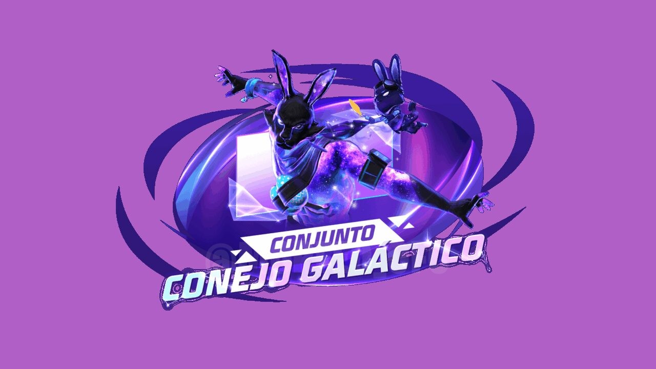 Imagem promocional da nova roleta de tokens em Free Fire. No centro, destacam-se os conjuntos 'Coelho Galáctico' e 'Pacote C