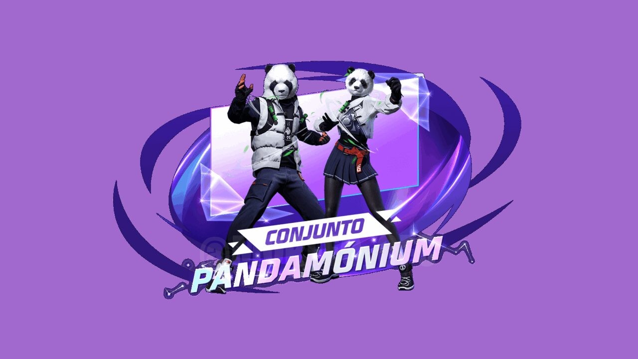 Imagem promocional da roleta de tokens em Free Fire, destacando como obter o conjunto Pandamonium e o conjunto Pand'illa Esco