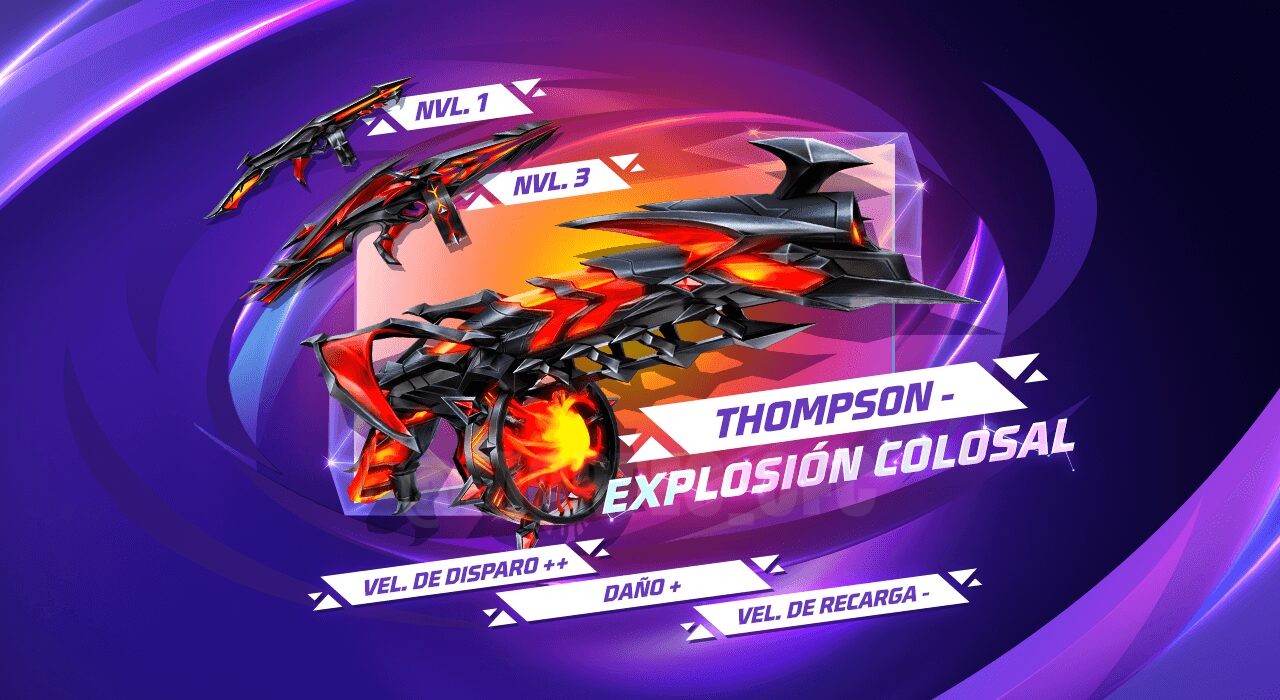 Imagem promocional do evento 'Roleta Mágica' em Free Fire, destacando a obtenção de skins exclusivas. No centro, vemos a s