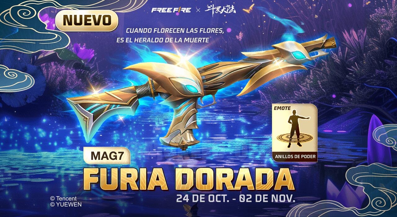 Imagem promocional do novo Faded Wheel no Free Fire, destacando itens exclusivos disponíveis. No centro, vemos a skin de arm