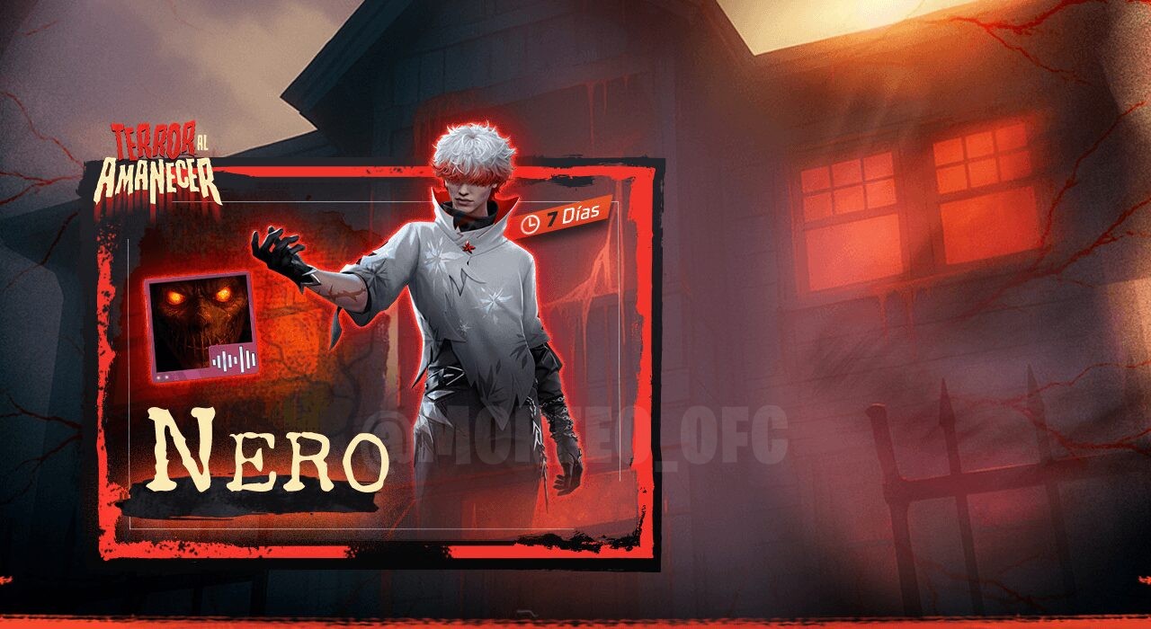 Imagem promocional do evento de lançamento de um novo personagem em Free Fire. O personagem está em destaque no centro, com