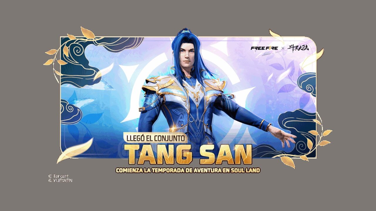 Imagem do evento 'Ring' de Free Fire, destacando a obtenção do bundle de Tang San e do emote 'Hammer Slam'. A imagem mostra