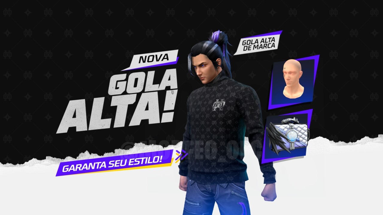 Imagem do evento 'Escolha Royale' em Free Fire, destacando itens exclusivos como a 'Gola Alta de Marca' e a 'Mochila Bolsete'
