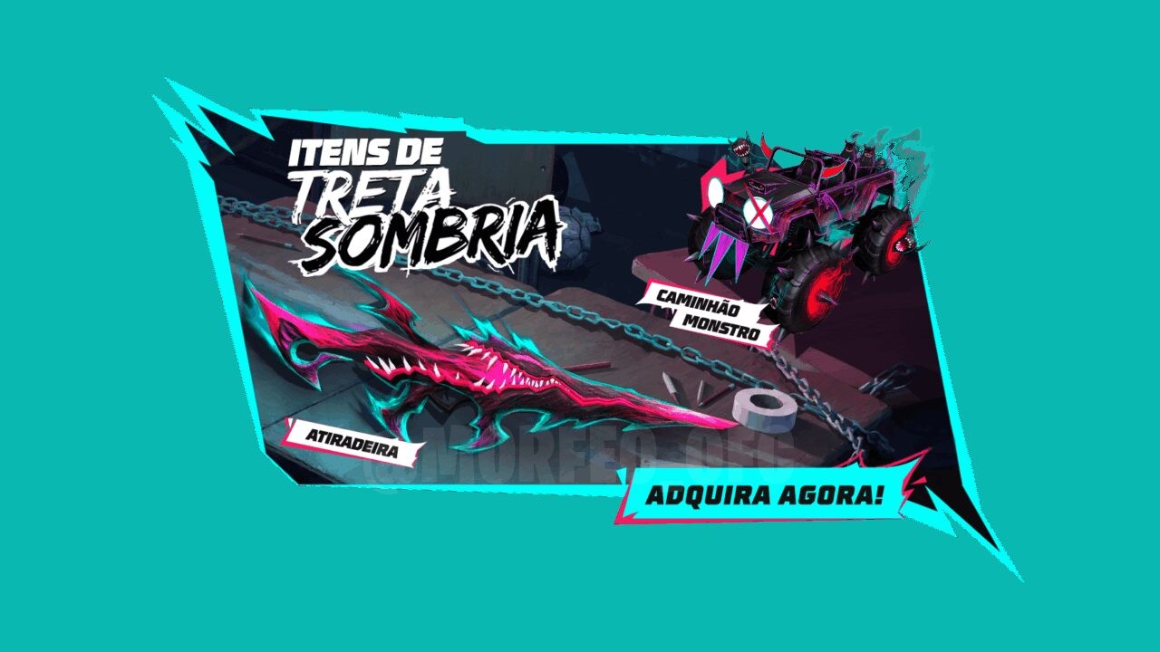 Imagem promocional do novo Escolha Royale no Free Fire, destacando a skin de arma 'Atiradeira Criatura Sombria' e a skin de v