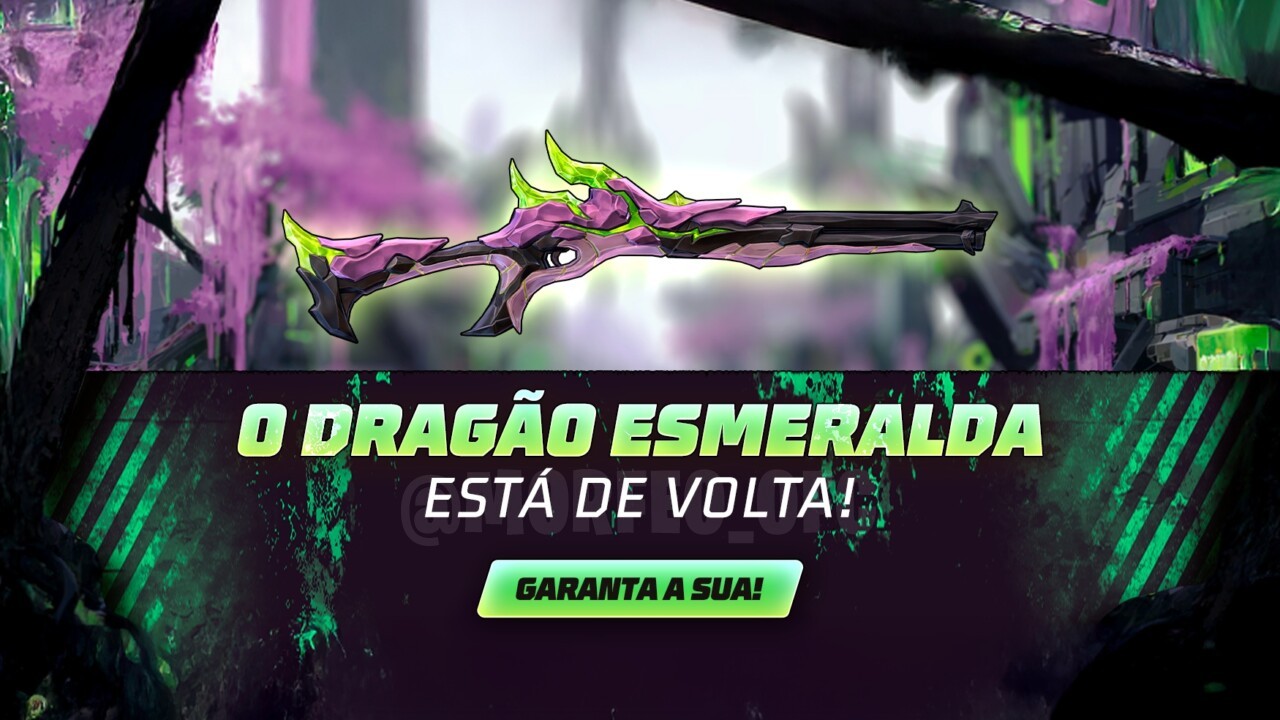 Imagem do novo evento Escolha Royale no Free Fire, destacando a skin de arma M1014 Dragão Esmeralda e o paraquedas Paraqueda