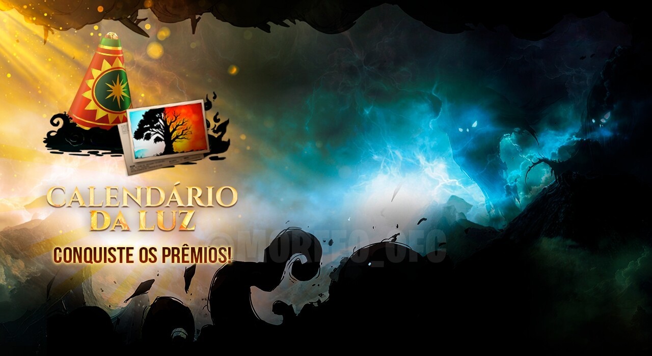 Imagem do evento 'Calendário da Luz' em Free Fire, destacando uma interface vibrante com um fundo de céu estrelado. No cent