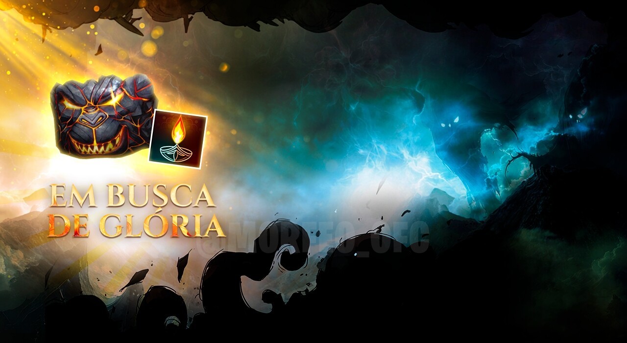 Imagem promocional do evento 'Em Busca de Glória' no Free Fire. No centro, destaca-se a skin de arma 'Parede de Gel', com um
