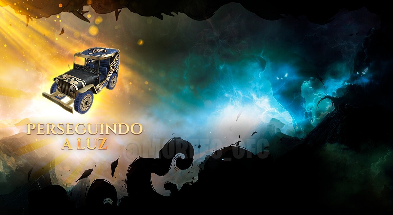 Imagem promocional do evento 'Perseguindo a Luz' no Free Fire. Destaca um jipe personalizado com a skin 'Luz da Noite', que b