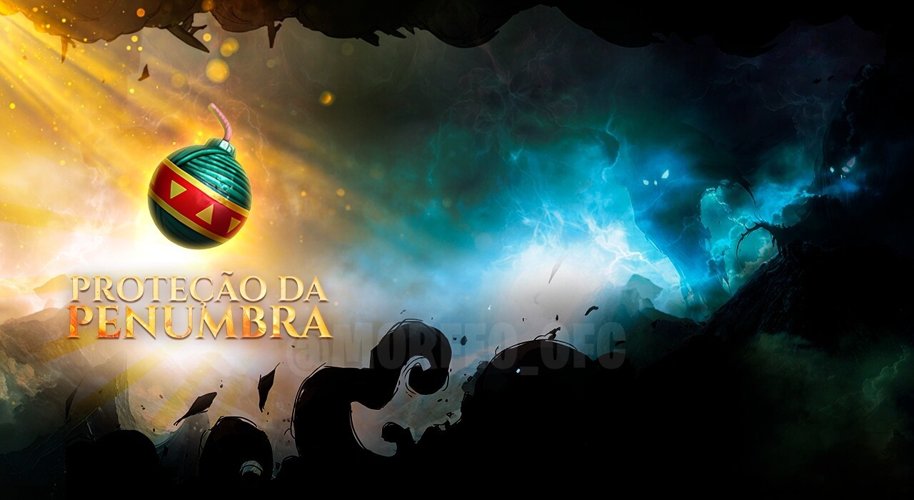 Imagem promocional do evento 'Proteção da Penumbra' em Free Fire. Destaca uma skin de arma exclusiva e uma granada no estil